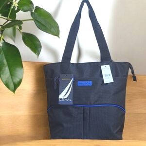 NWT Nautica Downhaul Black Blue Tote Bag Carry On 14"x17" Sturdy Travel Luggage